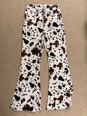 Source Unknown White Cow-Spot Flare Jeans with Black & Brown Spots
